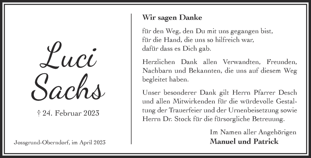  Traueranzeige für Luci Sachs vom 29.04.2023 aus Gelnhäuser Neue Zeitung