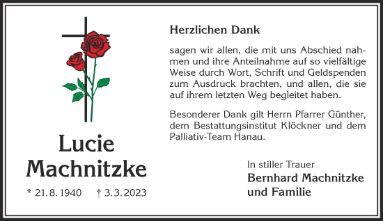 Traueranzeige von Lucie Machnitzke von Gelnhäuser Neue Zeitung