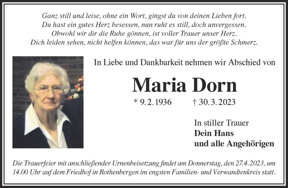  Traueranzeige für Maria Dorn vom 15.04.2023 aus Gelnhäuser Neue Zeitung