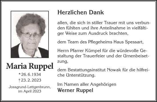 Traueranzeige von Maria Ruppel von Gelnhäuser Neue Zeitung