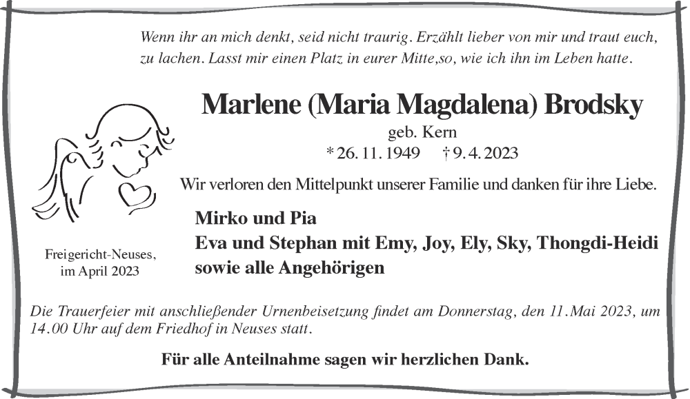  Traueranzeige für Marlene Brodsky vom 29.04.2023 aus Gelnhäuser Neue Zeitung