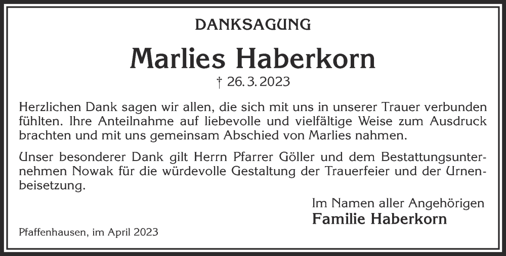  Traueranzeige für Marlies Haberkorn vom 22.04.2023 aus Gelnhäuser Neue Zeitung