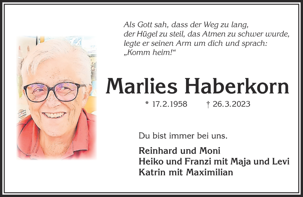  Traueranzeige für Marlies Haberkorn vom 15.04.2023 aus Mittelhessen-Bote