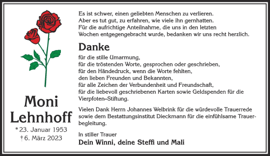 Traueranzeige von Moni Lehnhoff von Gelnhäuser Neue Zeitung