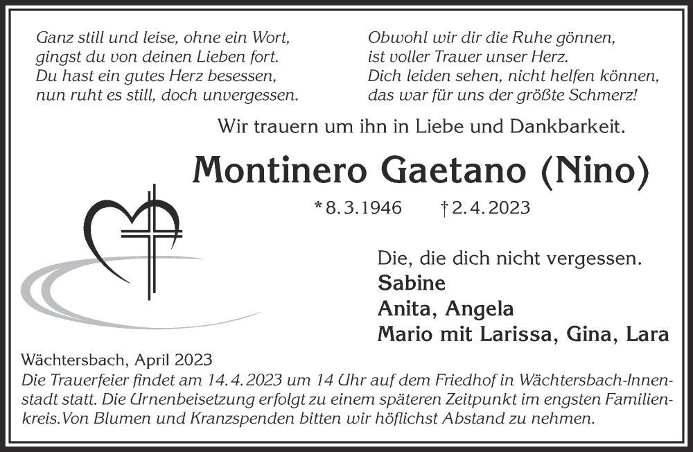  Traueranzeige für Montinero Gaetano vom 08.04.2023 aus Gelnhäuser Neue Zeitung
