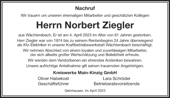 Traueranzeige von Norbert Ziegler von Gelnhäuser Neue Zeitung