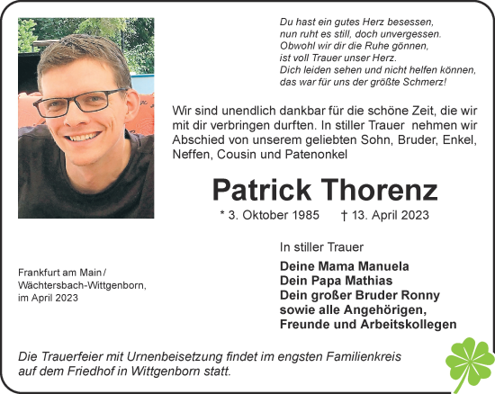 Traueranzeige von Patrick Thorenz von Mittelhessen-Bote
