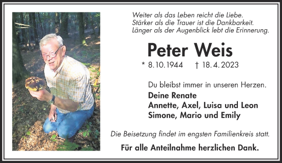 Traueranzeige von Peter Weis von Mittelhessen-Bote