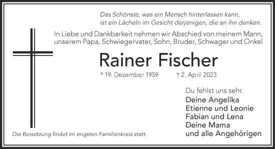 Traueranzeige von Rainer Fischer von Gelnhäuser Neue Zeitung