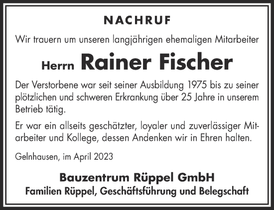 Traueranzeige von Rainer Fischer von Gelnhäuser Neue Zeitung