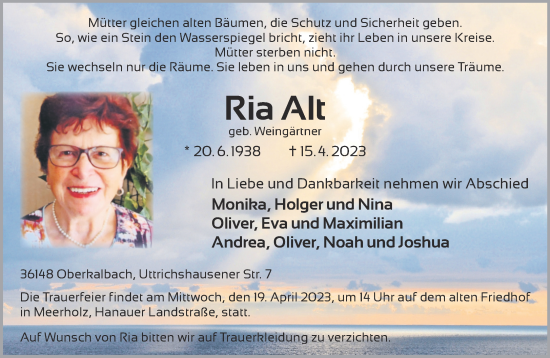 Traueranzeige von Ria Alt von Gelnhäuser Neue Zeitung