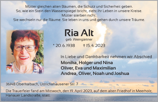 Traueranzeige von Ria Alt von Mittelhessen-Bote