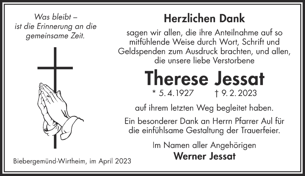  Traueranzeige für Therese Jessat vom 15.04.2023 aus Gelnhäuser Neue Zeitung