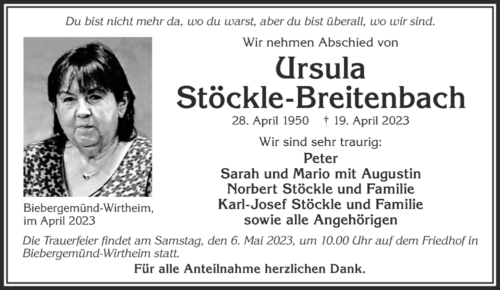  Traueranzeige für Ursula Stöckle-Breitenbach vom 29.04.2023 aus Gelnhäuser Neue Zeitung
