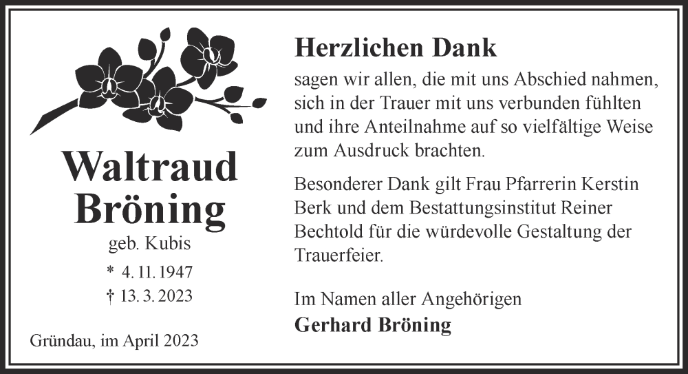  Traueranzeige für Waltraud Bröning vom 22.04.2023 aus Gelnhäuser Neue Zeitung