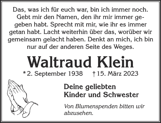 Traueranzeige von Waltraud Klein von Gelnhäuser Neue Zeitung