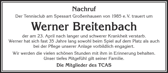 Traueranzeige von Werner Breitenbach von Gelnhäuser Neue Zeitung