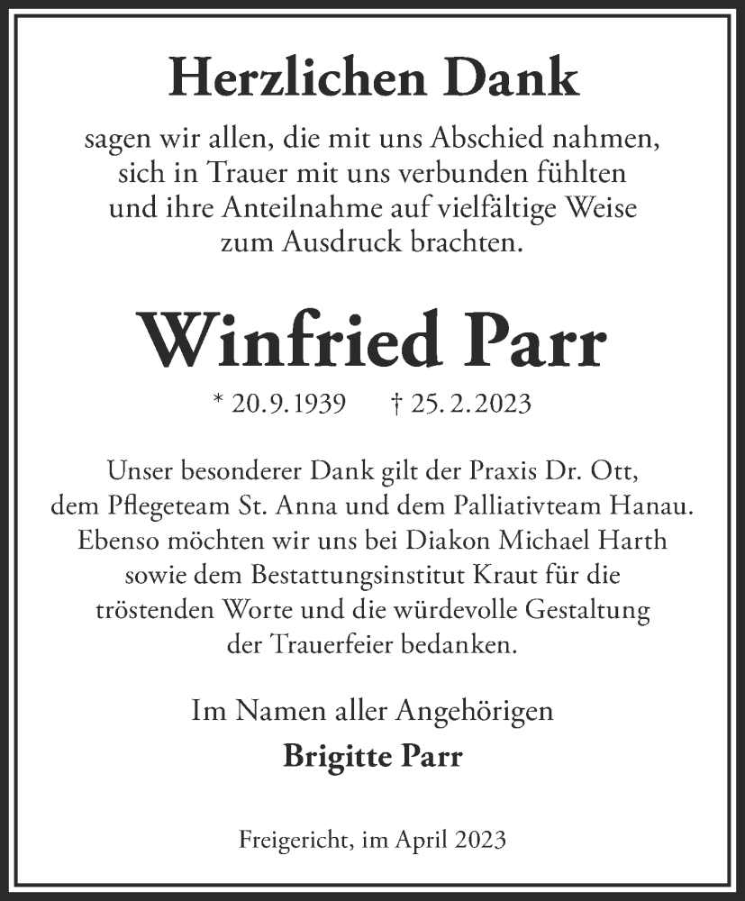  Traueranzeige für Winfried Parr vom 15.04.2023 aus Gelnhäuser Neue Zeitung