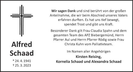 Traueranzeige von Alfred Schaad von Gelnhäuser Neue Zeitung