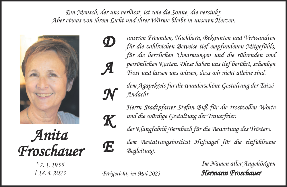  Traueranzeige für Anita Froschauer vom 27.05.2023 aus Gelnhäuser Neue Zeitung