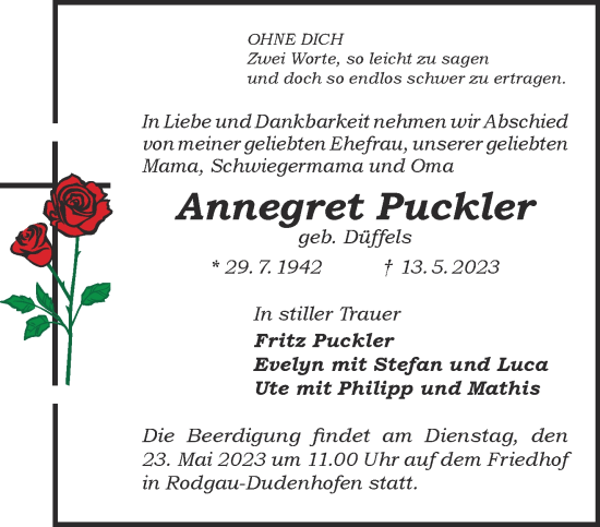 Traueranzeige von Annegret Puckler von Gelnhäuser Neue Zeitung