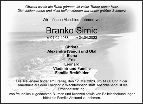 Traueranzeige von Branko Simic von Gelnhäuser Neue Zeitung