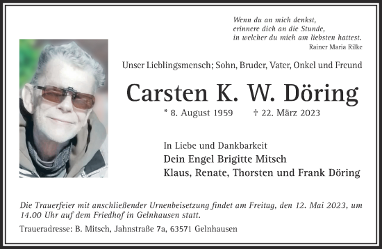 Traueranzeige von Carsten K. W. Döring von Gelnhäuser Neue Zeitung