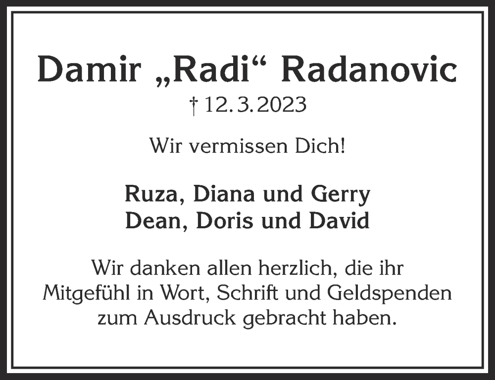  Traueranzeige für Damir Radanovic vom 06.05.2023 aus Mittelhessen-Bote