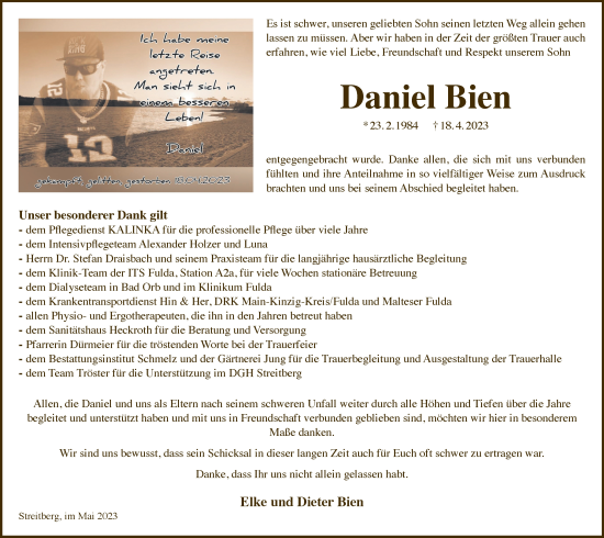 Traueranzeige von Daniel Bien von Gelnhäuser Neue Zeitung