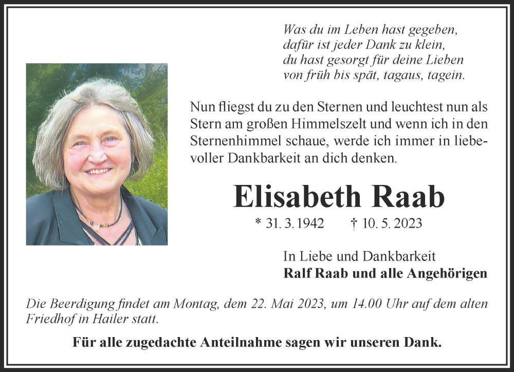  Traueranzeige für Elisabeth Raab vom 20.05.2023 aus Mittelhessen-Bote