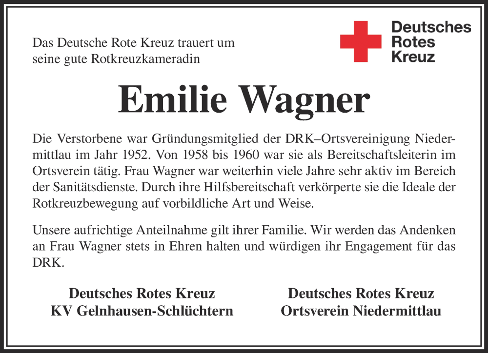  Traueranzeige für Emilie Wagner vom 27.05.2023 aus Mittelhessen-Bote