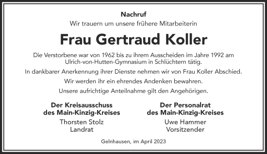 Traueranzeige von Gertraud Koller von Mittelhessen-Bote