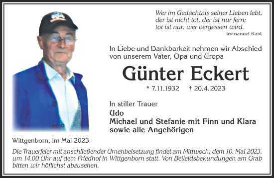 Traueranzeige von Günter Eckert von Gelnhäuser Neue Zeitung