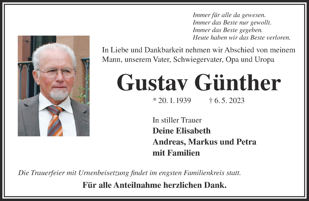  Traueranzeige für Gustav Günther vom 13.05.2023 aus Mittelhessen-Bote