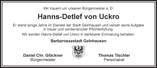 Traueranzeige von Hanns-Detlef von Uckro von Mittelhessen-Bote