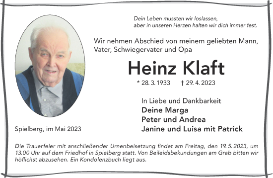 Traueranzeige von Heinz Klaft von Gelnhäuser Neue Zeitung