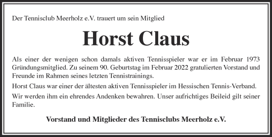 Traueranzeige von Horst Claus von Gelnhäuser Neue Zeitung