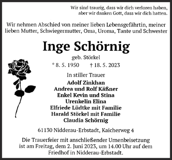 Traueranzeige von Inge Schörnig von Gelnhäuser Neue Zeitung
