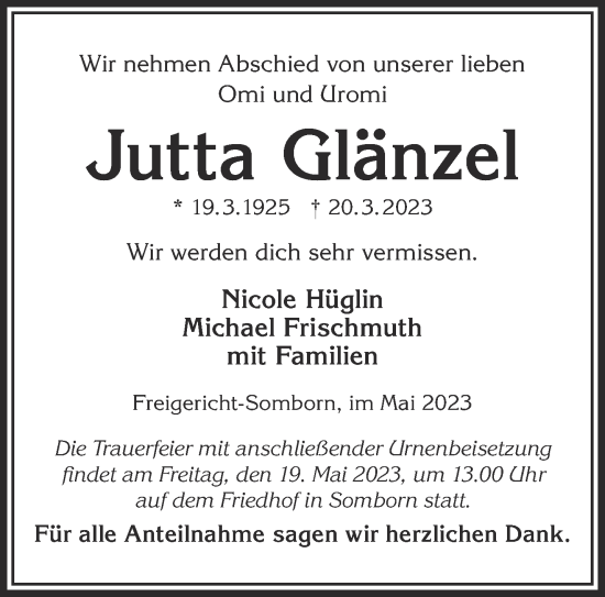 Traueranzeige von Jutta Glänzel von Gelnhäuser Neue Zeitung