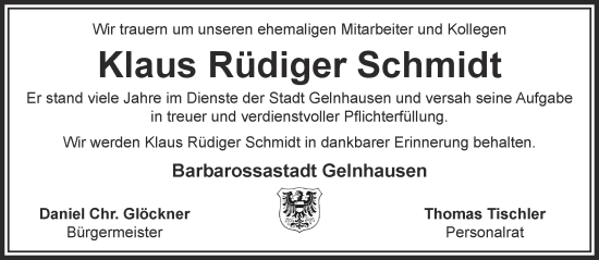 Traueranzeige von Klaus Rüdiger Schmidt von Mittelhessen-Bote