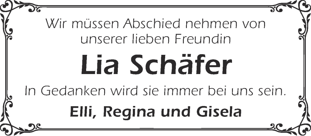  Traueranzeige für Lia Schäfer vom 20.05.2023 aus Mittelhessen-Bote