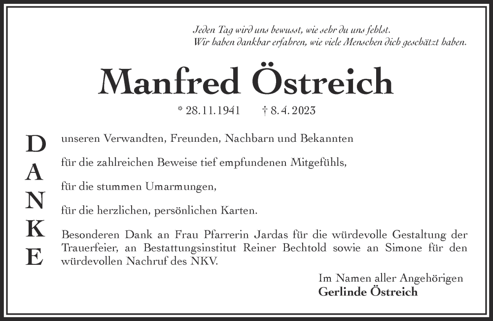  Traueranzeige für Manfred Östreich vom 27.05.2023 aus Gelnhäuser Neue Zeitung