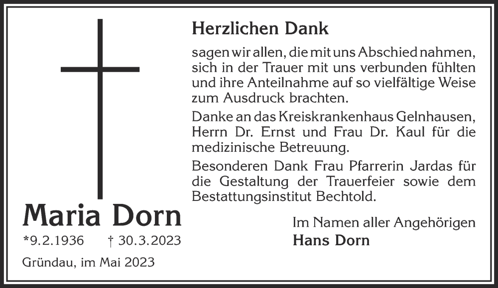  Traueranzeige für Maria Dorn vom 27.05.2023 aus Gelnhäuser Neue Zeitung