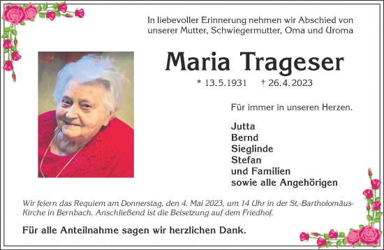 Traueranzeige von Maria Trageser von Gelnhäuser Neue Zeitung