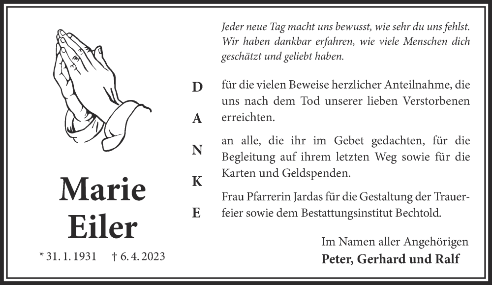  Traueranzeige für Marie Eiler vom 13.05.2023 aus Gelnhäuser Neue Zeitung