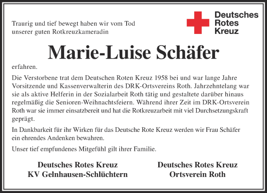 Traueranzeige von Marie-Luise Schäfer von Mittelhessen-Bote