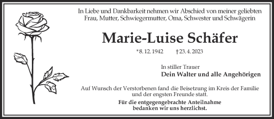 Traueranzeige von Marie-Luise Schäfer von Gelnhäuser Neue Zeitung
