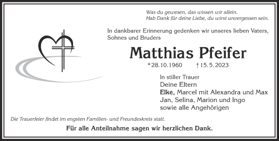 Traueranzeige von Matthias Pfeifer von Gelnhäuser Neue Zeitung