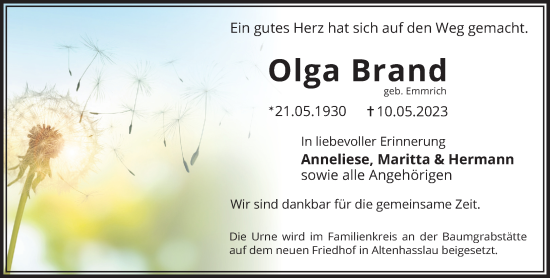 Traueranzeige von Olga Brand von Mittelhessen-Bote
