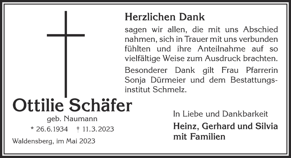  Traueranzeige für Ottilie Schäfer vom 06.05.2023 aus Gelnhäuser Neue Zeitung